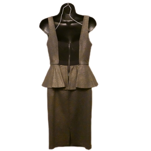 ALICE+OLIVIA Black/Gold Sheath Dress with Waist Ruffle, size 4 - Picture 4 of 5